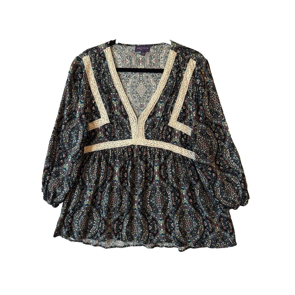 Artesia Ditsy Floral Crochet Lace Trim Babydoll‎ Blouse L Boho Romantic Cottage